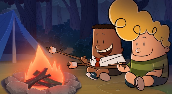 Characters from Capt. Underpants at a campfire