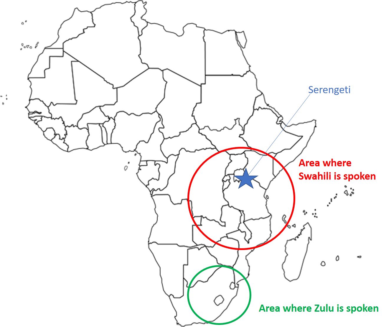 A map of Africa showing regions where Swahili is spoken (Tanzania, Uganda, Rwanda, Burundi, Kenya, some parts of Malawi, Somalia, Zambia, Mozambique, and the Democratic Republic of the Congo) and regions where Zulu is spoken (South Africa and parts of Zimbabwe)