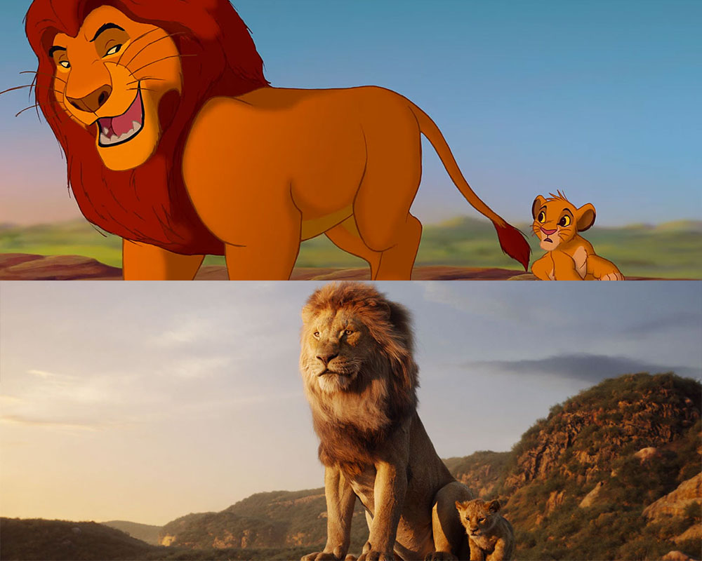 Screencaps of Mufasa and Simba from the 1994 and 2019 versions of The Lion King