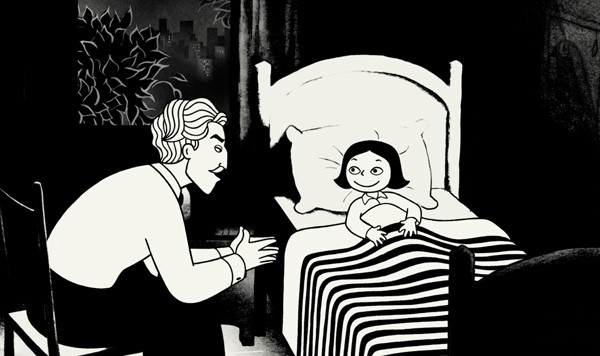 A young Marjane sits in bed. She smiles excitedly at her uncle, who's seated in a chair and leaning forward, in the middle of telling a story.