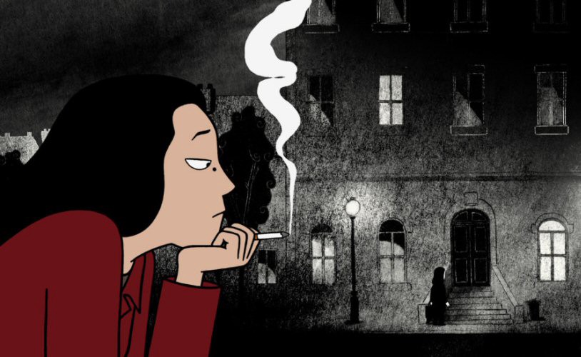 Adult Marjane, drawn in color, smokes a cigarette against the backdrop of a black-and-white cityscape.