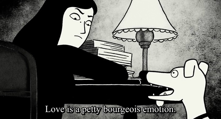 Marjane sits at a desk, glaring at a dog. The subtitle reads: "Love is a petty bourgeois emotion."