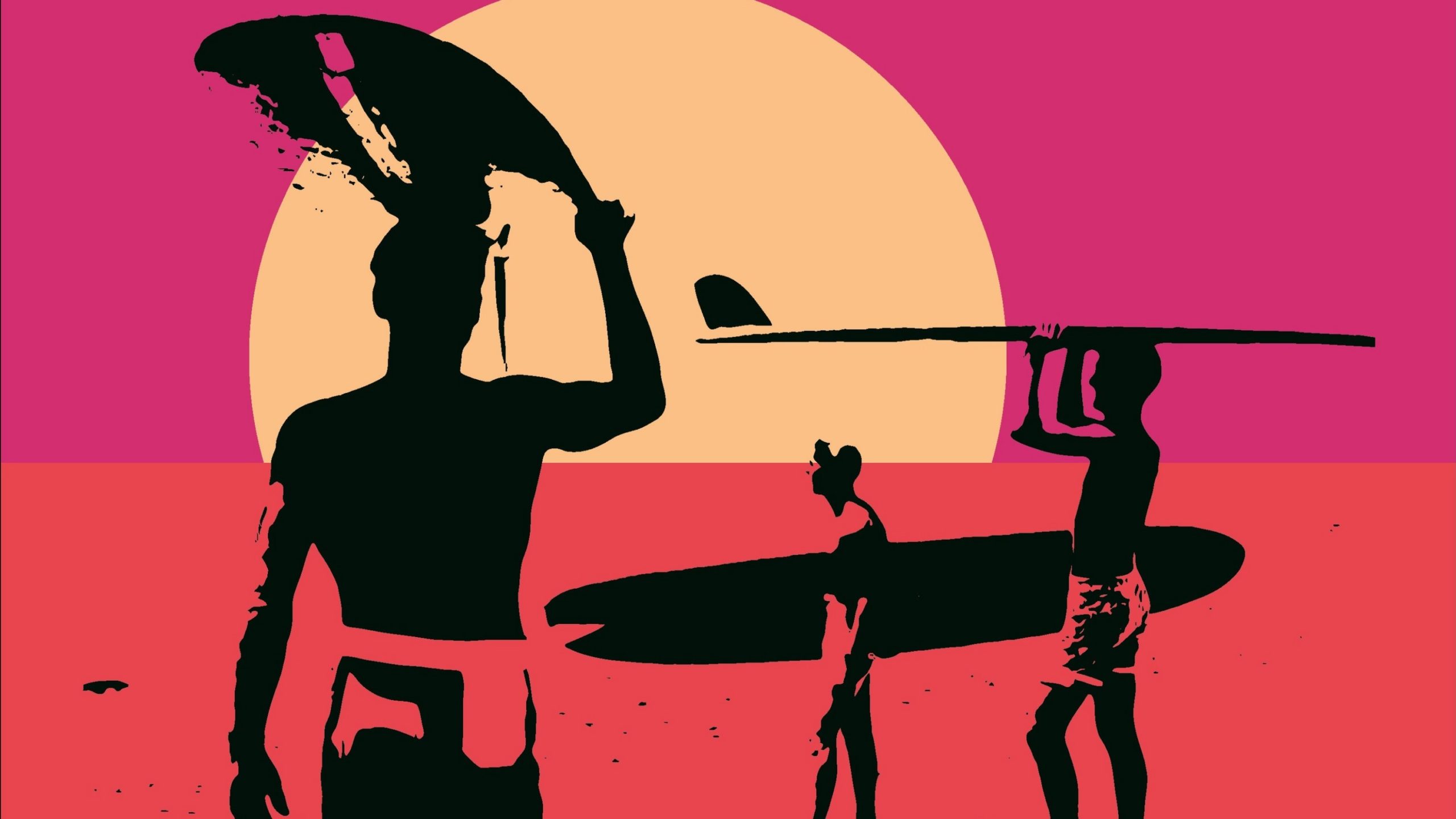 A pop-art style poster depicting three men carrying surfboards.