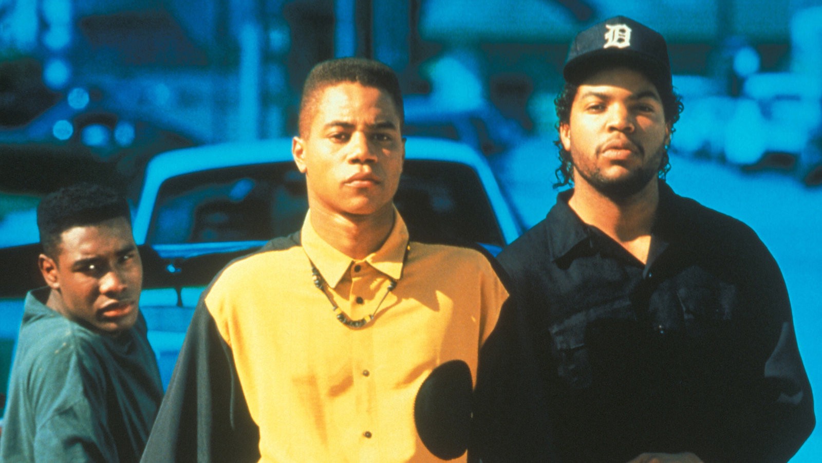 The image used on the promotional poster for Boyz n the Hood. From left to right: Morris Chestnut as Ricky, Cuba Gooding Jr. as Tre, and Ice Cube as Darren