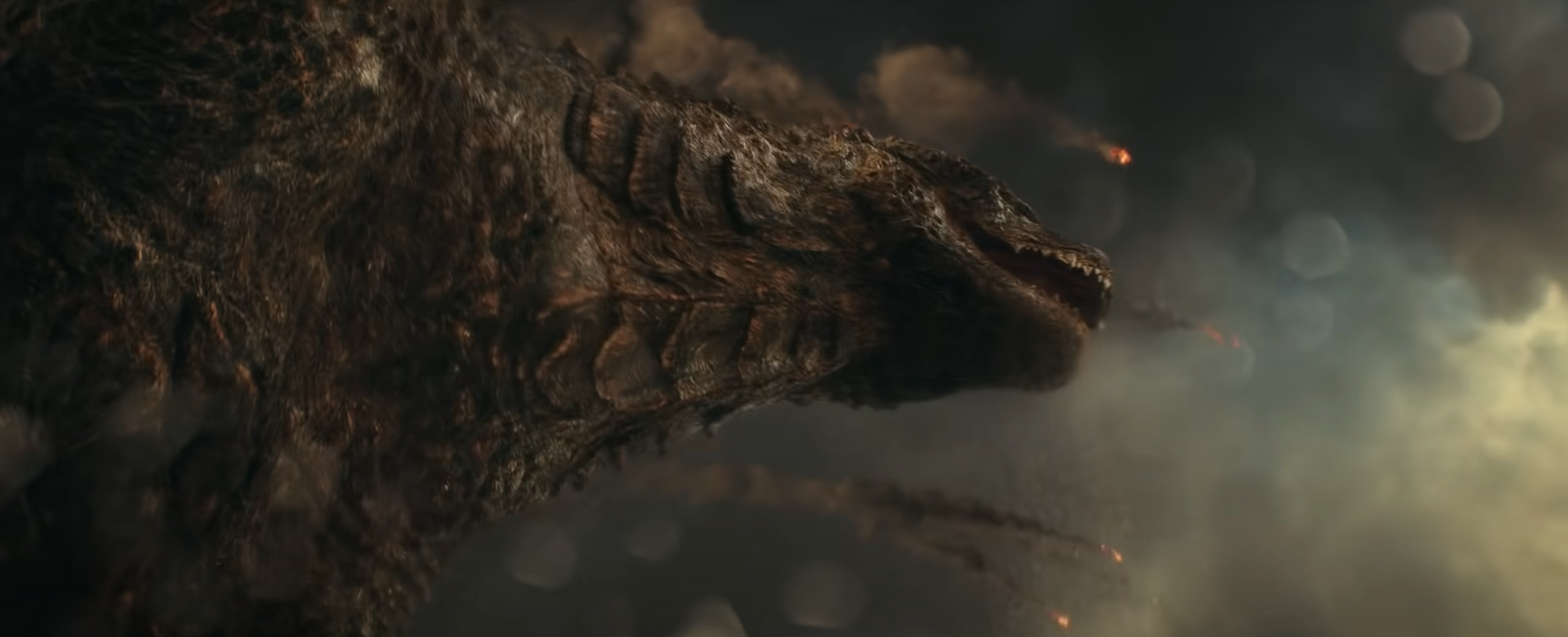 A closeup of Godzilla against a smoke-filled sky