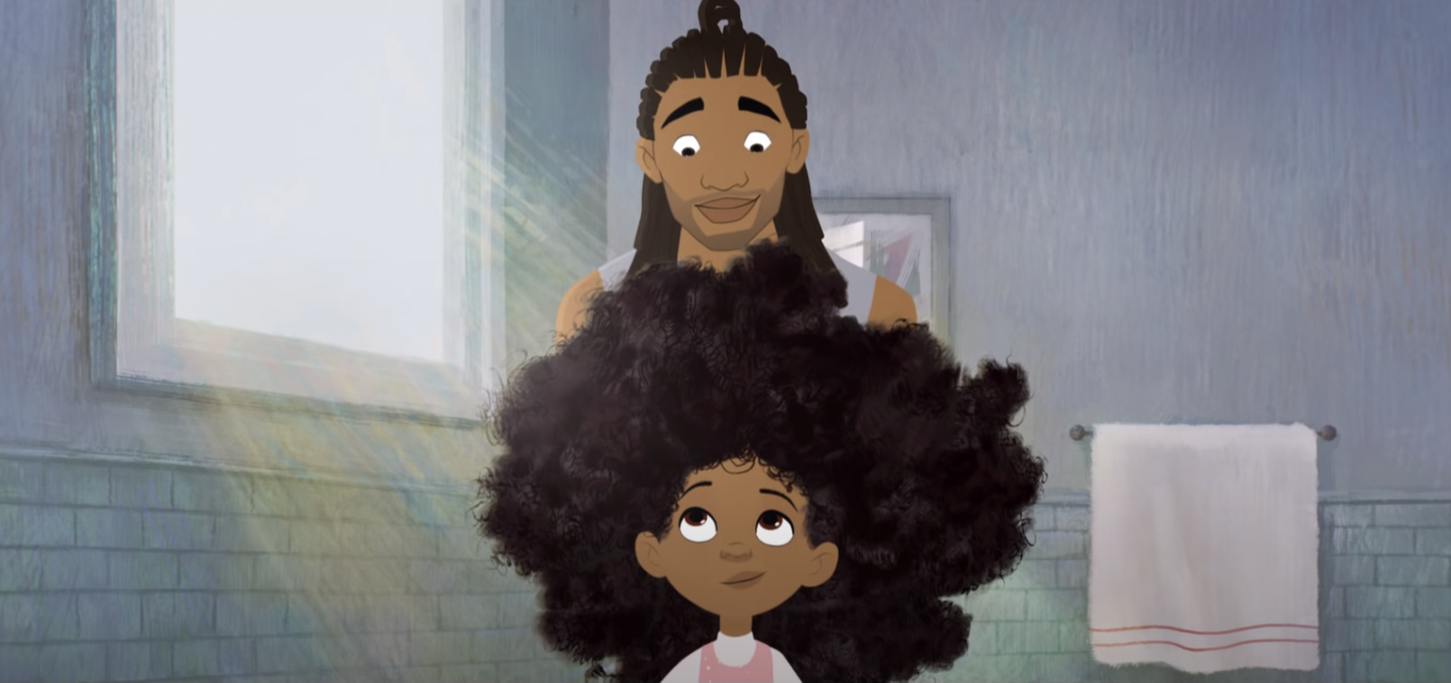 A Black man with shoulder-length locks smiles down at his daughter, a young Black girl with unstyled natural hair.