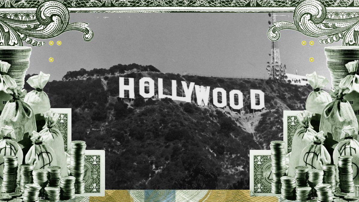 A black-and white photo of the Hollywood sign, framed by stacks of money.