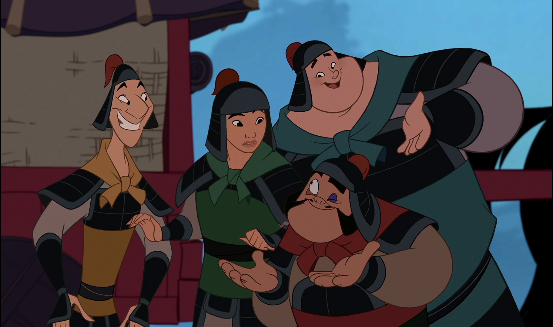 A screencap from Disney's Mulan (1998), featuring Mulan, Yao, Ling, and Chien-Po