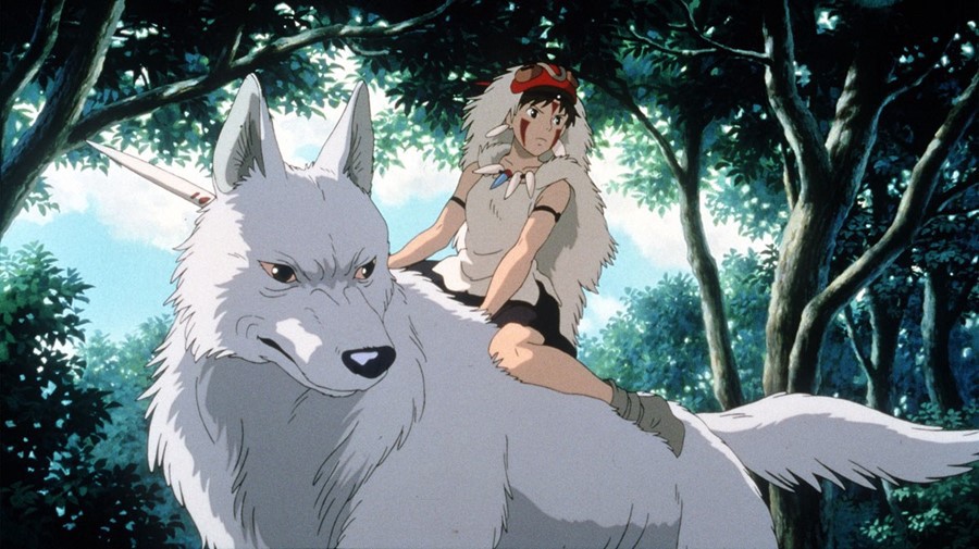 Image from Japanese Anime "Princess Mononoke" of a character riding a white wolf