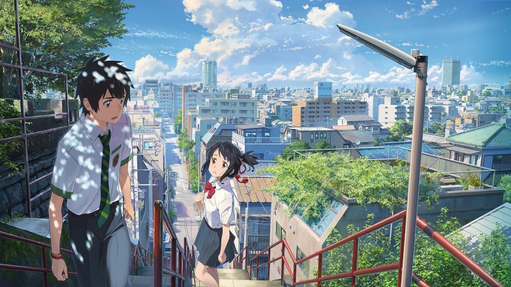 Image from Japanese Anime "Your Name" of two characters looking at each other on the stairs