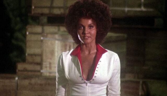 Marki Bey as Diana "Sugar Hill." She's a Black woman with an afro wearing a white jumpsuit.