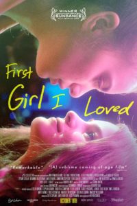Poster for "First Girl I Loved". Anne and Sasha look at one another longingly with pink lighting