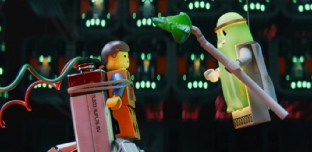 A still from the movie showing ghost Vitruvius and Emmet