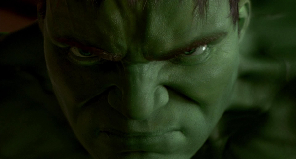 Close-up of the Hulk angrily looing at us 