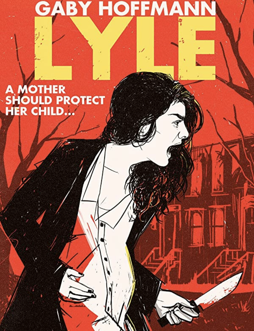 An illustrated poster for ‘Lyle’. Leah screams, protectively holding her stomach with one hand, and a knife in the other. 