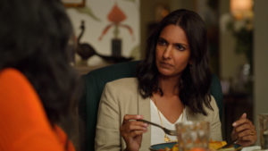 Nalini during dinner, sitting at a table