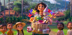 Mirabel holding a basket of trinkets smiling at her family