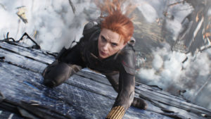 A still from "Black Widow" of Natasha fall-fighting