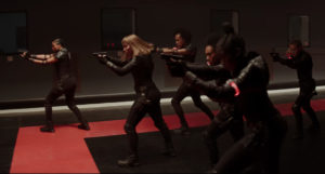 A still from "Black Widow" of the Red Room where the Black Widows are training