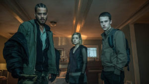 A still from "Don't Breathe" of Rocky, Alex, and Money in Nordstrom's house