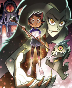 A promotional poster for ‘The Owl House’ of Eda in the back, palm holding Luz and King