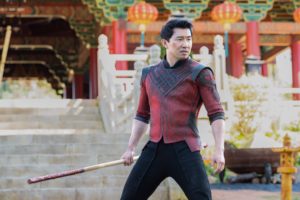 A still from 'Shang-Chi' of Simu Liu as Shang-Chi about to fight Wenwu