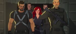 A still from Marvel's What If...? of Natasha surrounded by guards
