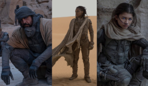 3 Stills of Fremen characters. From left to right: Stilgar, Dr. Liet Kynes, and Chani