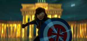 A still from Marvel's What If...? of Peggy Carter as Captain Britain with her shield