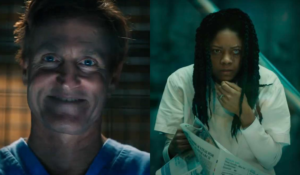 Two stills side by side from "Venom: Let There Be Carnage" of Cletus (left) and Shriek (right) in their holding cells