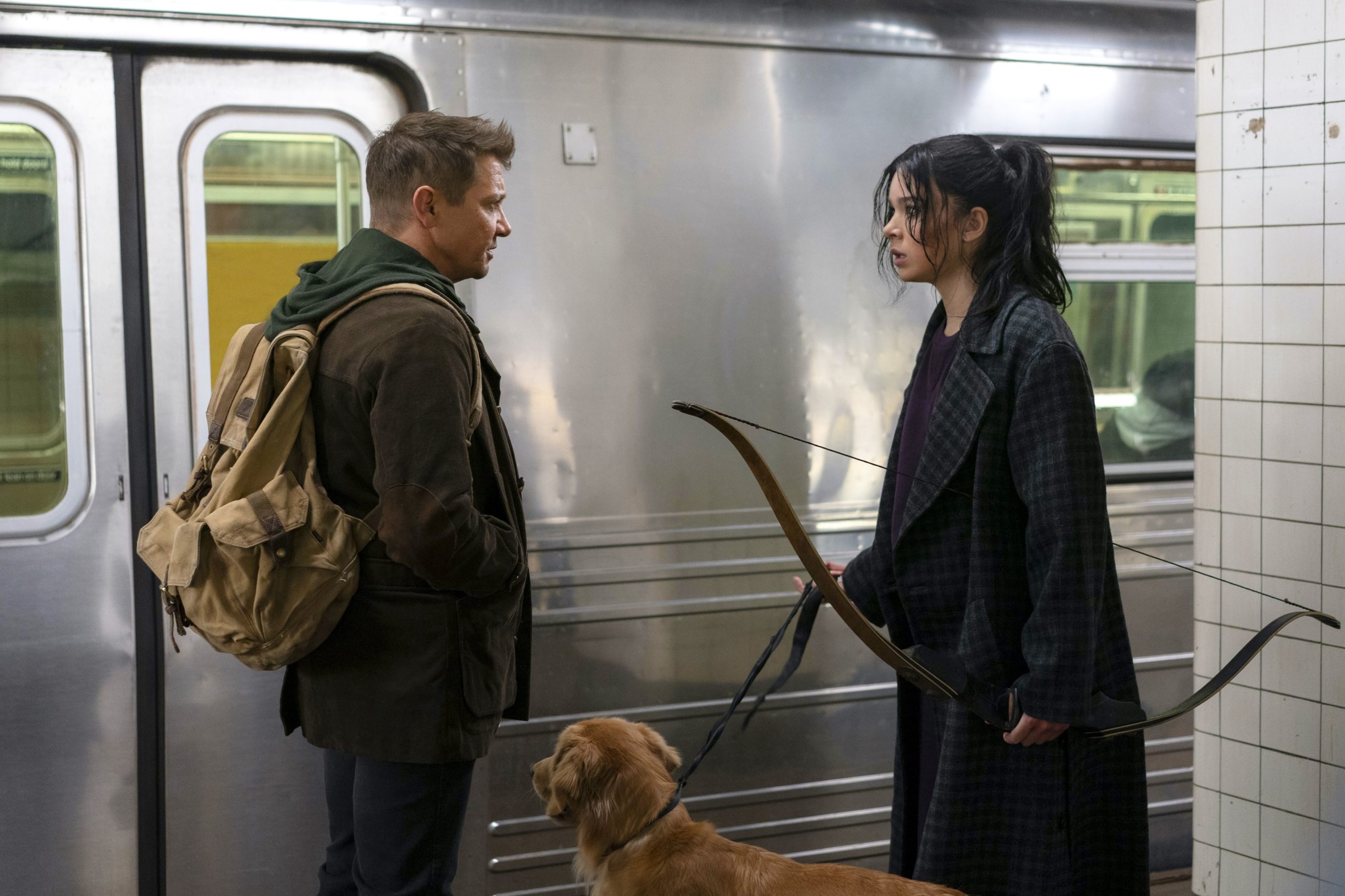 A still from Hawkeye of Kate and Clint in the subway station talking