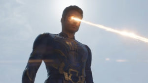 A still from Eternals of Ikaris shooting his eye beams