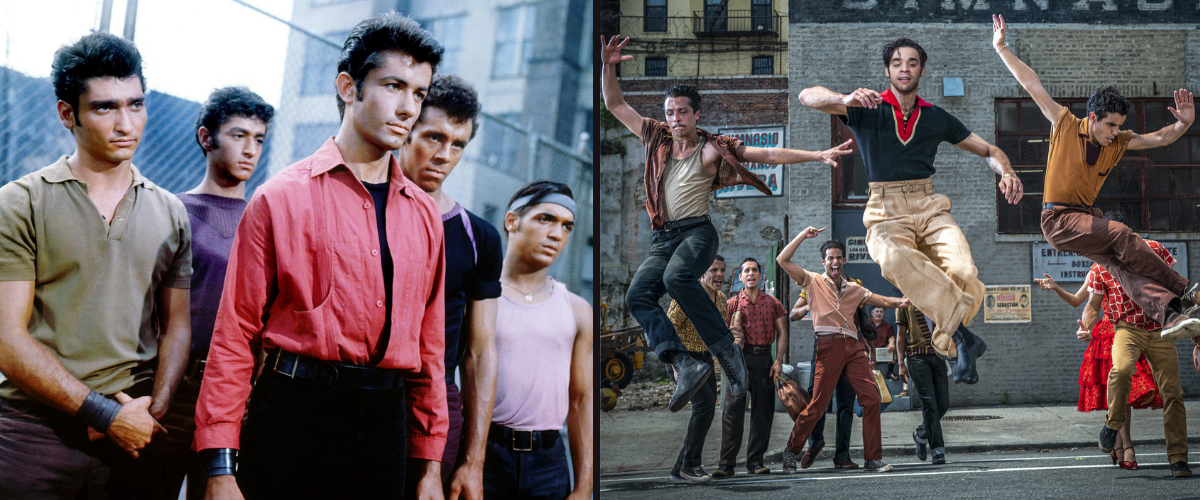 A still from the 1961 version of West Side Story of the white actors playing Puerto Ricans in brown face; on the right, another still from the 2021 version of West Side Story of the Latine actors as Sharks