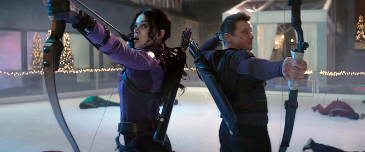 A still from Hawkeye of Clint and Kate fighting back to back pointing their bows upward