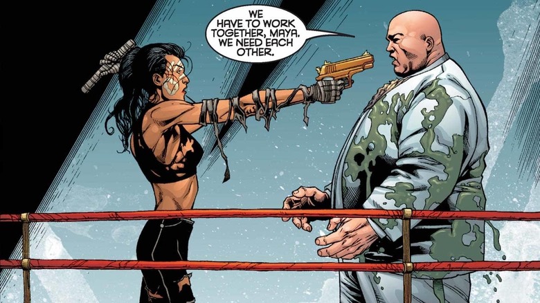 A comic panel of Echo shooting Kingpin