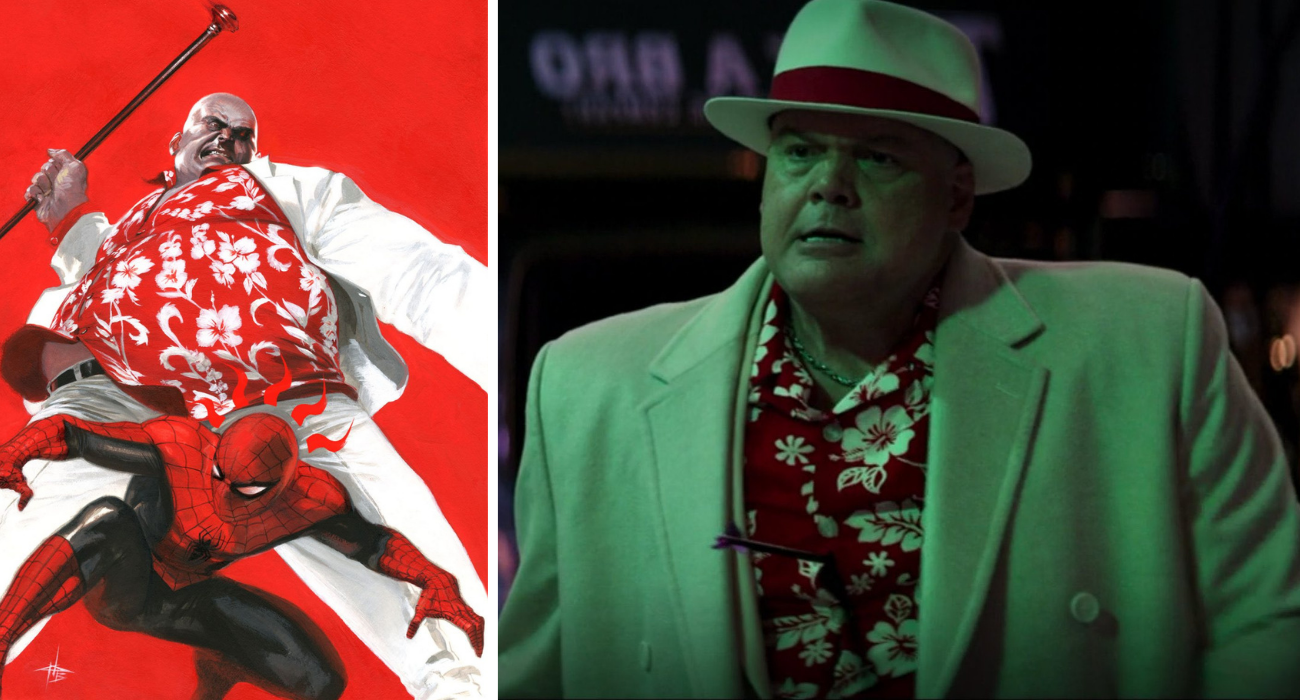A still from Hawkeye of Vincent D'Onofrio as Kingpin in an aloha shirt next to a comic of him in the same outfit