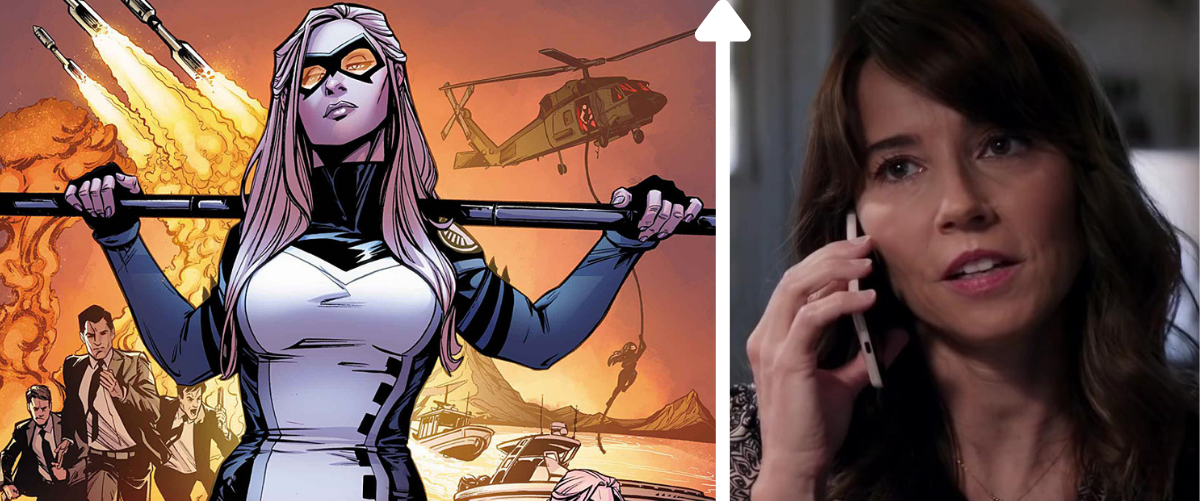 A side by side image of Mockingbird in the Marvel comics and Linda Cardellini as Laura Barton on the right