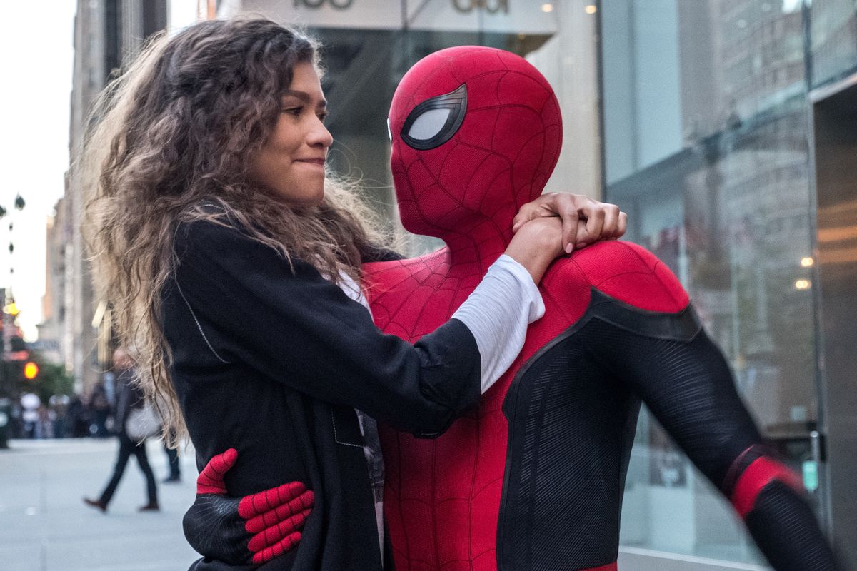 MJ holding onto peter dressed as Spider-Man