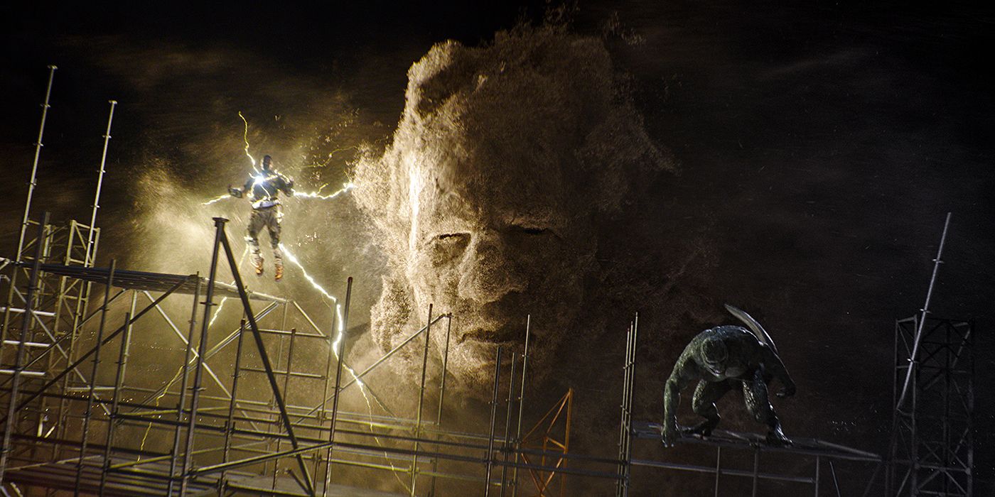 A still from Spider-Man: No Way Home of Electro, Sandman, and the Lizard 