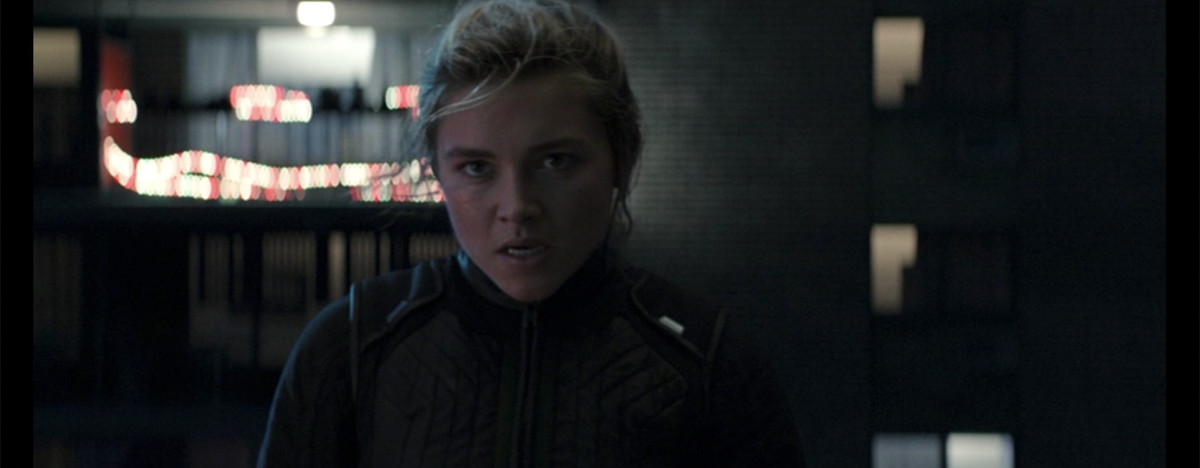 A still from Hawkeye of Florence Pugh as Yelena frowning