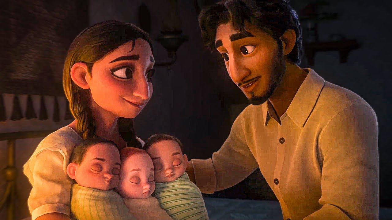A still from Encanto of young Alma and her husband Pedro smiling at each other while she holds their three babies