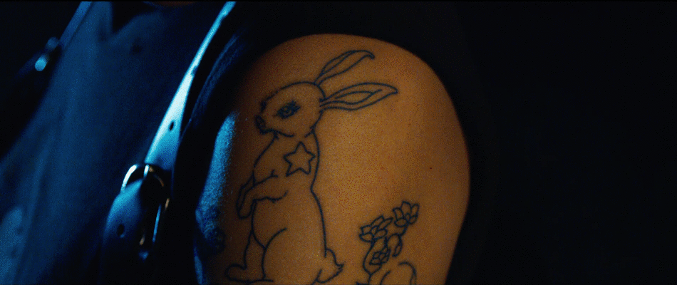 Bugs from resurrections, gif of her arm with white rabbit, short blue hair and Neo. She is trans allegory