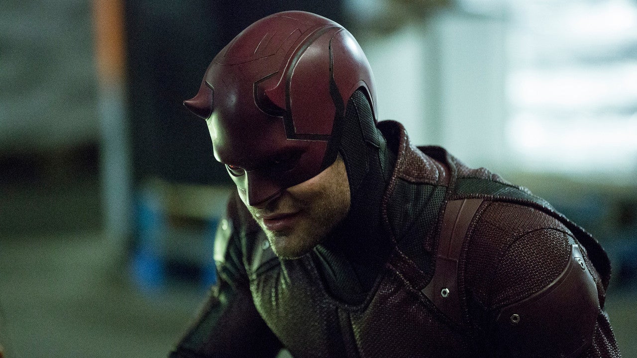 A still from Daredevil of Matt Murdock in the Daredevil suit smiling