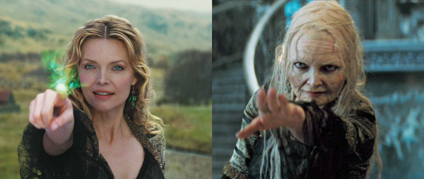 2 side by side stills from Stardust of Lamia; on the left, she looks young, on the right, she looks old