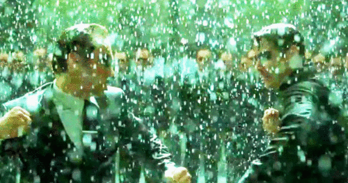 Neo and Agent Smith surronded by the other agents fighting in the rain trans allegories