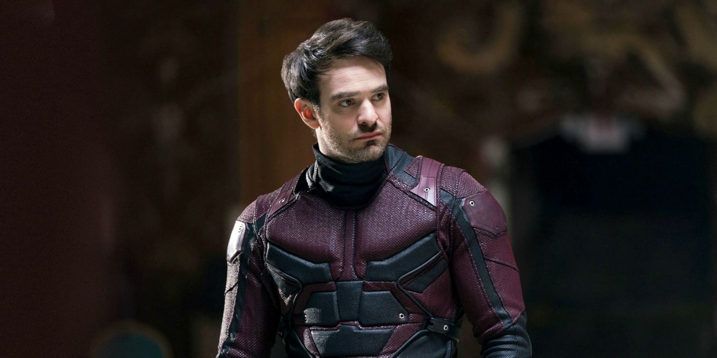 A still from Daredevil of Matt Murdock in the Daredevil suit without the helmet on