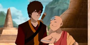 Aang, the show's Avatar nudges Prince Zuko