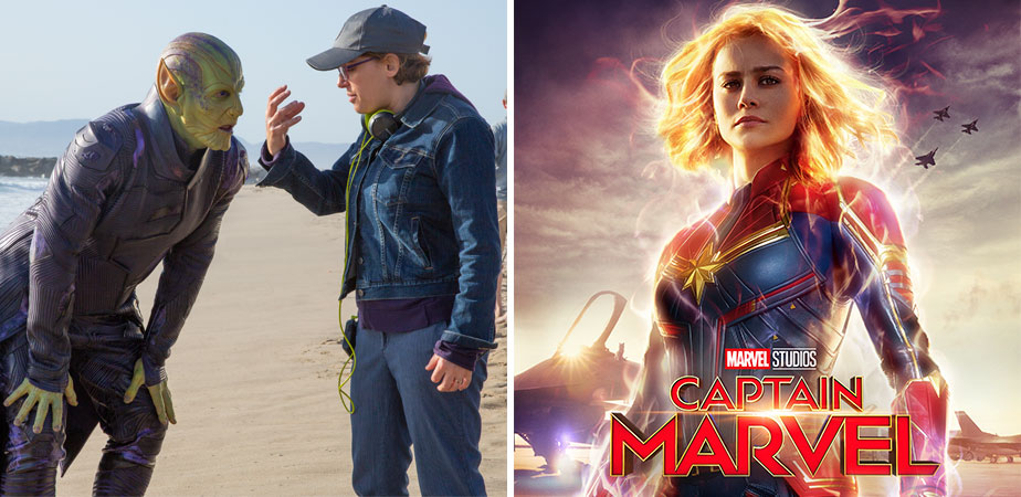 One side has Anna Boden on Beach with Alien actor; other side post of Captain Marvel