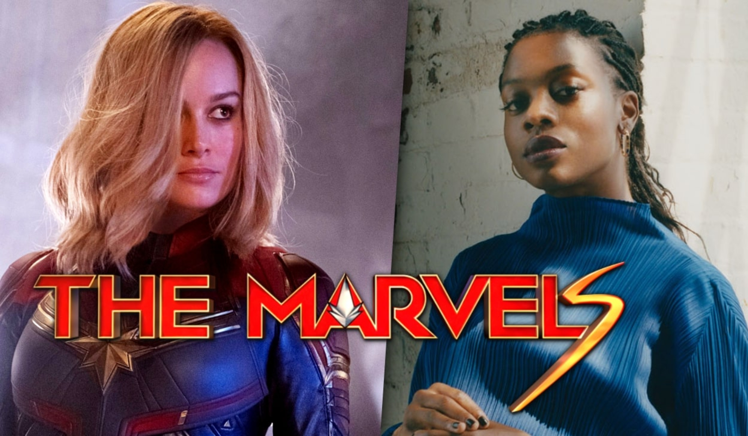 Left side Brie Larson as Captain Marvel, left side is Nia Dacosta. The Marvels logo