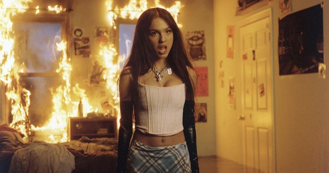 Olivia Rodrigo in "good 4 u" music video room on fire
